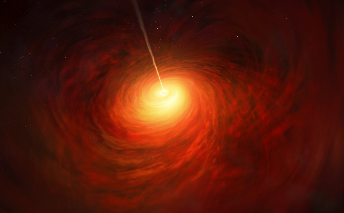 Umjetnički prikaz crne rupe M87* i mlaza zračenja 📷 ESO/M. Kornmesser